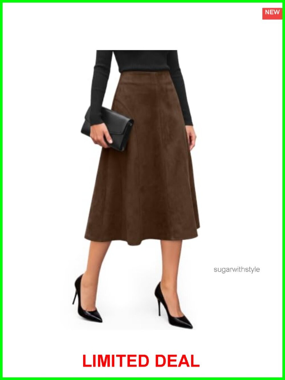 Faux Suede Midi Skirt High Waist A Line Flared Hem Vintage Style